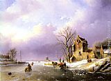 Jan Jacob Coenraad Spohler Wall Art - Winter Landscape with Figures on a Frozen River